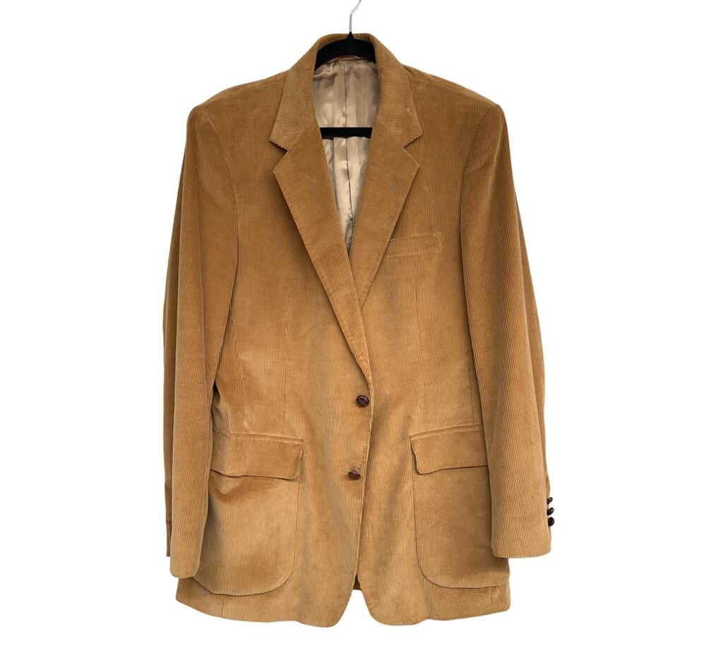 Joe Namath Corduroy Blazer Vintage Jacket Size 40L Tan Leather Buttons Coat